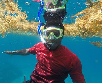 Marine science student underwater snorkeling.