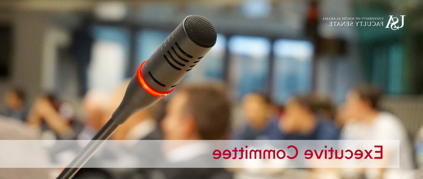 Microphone in front of crowd with the text executive committee